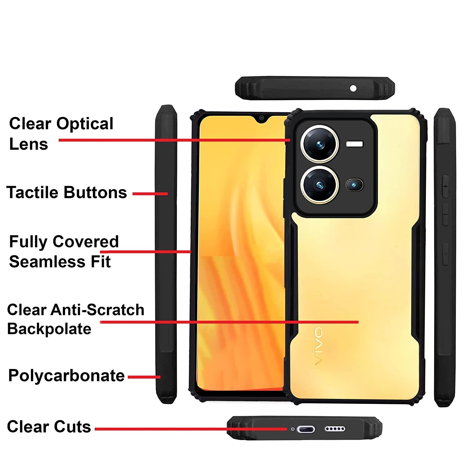 ZELFO Ultra Thin Shock Proof 4 Sides Protection Clear Transparent Back Cover Case with Black Border for ViVo V25 (5G) - (Transparent/Black) Image 3