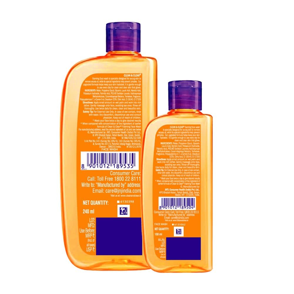 Clean & Clear Foaming face wash for oily skin, removes 99.8% pimple causing germs, Home & travel combo pack offer- Buy 240ml Get 100ml Free Image 2