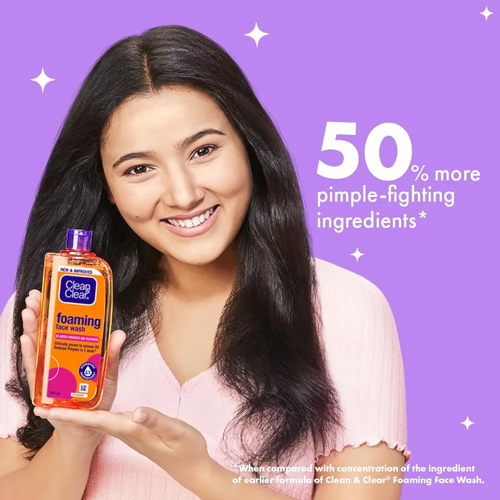 Clean & Clear Foaming face wash for oily skin, removes 99.8% pimple causing germs, Home & travel combo pack offer- Buy 240ml Get 100ml Free Image 3