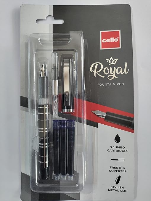 Cello Royal Fountain Pen - with 3 Jumbo Cartridges - Free Ink Coverter - Stylish Matal Clip - Blue Ink - (Pack of 1)